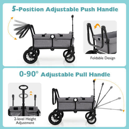 2 Seater Push Pull Collapsible Kids Wagon Stroller with Adjustable Handlebars-Gray