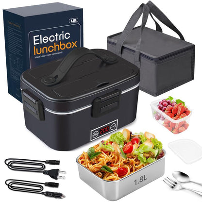 Electric Lunch Box 80W 1.5L Stainless Steel Bento Warmer with Indicator Light & Portable Tableware Set for Home Office Travel Food Quick Storage Fork 80W/1.5L/Black