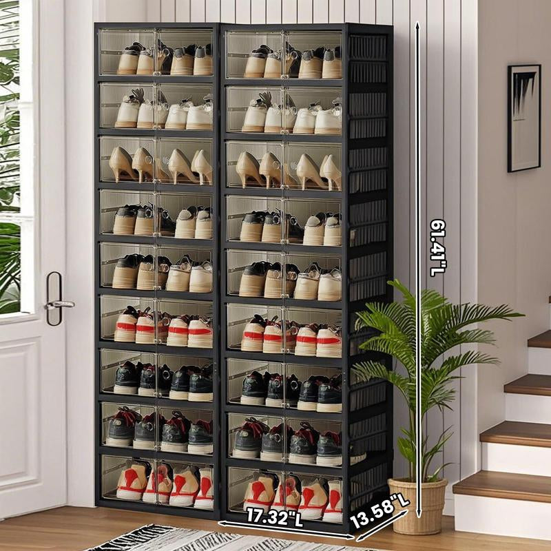 NLDD Extra-Wide & Tall 9-Tier Shoe Cabinet Holds 18 Pairs Clear Doors Wheels for Effortless Storage Stackable Reinforced Frame Ventilation Holes