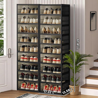 NLDD Extra-Wide & Tall 9-Tier Shoe Cabinet Holds 18 Pairs Clear Doors Wheels for Effortless Storage Stackable Reinforced Frame Ventilation Holes