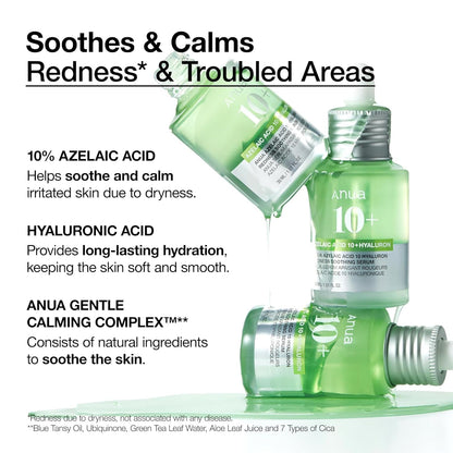 Anua soothing Azelaic Acid 10% Serum with Hyaluronic Acid & Niacinamide for Sensitive Skin - Korean Skincare for Breakouts & Redness Relief (30ml)