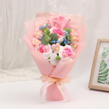 Handmade Crochet Rose Bouquet Yarn Knitted Fake Flowers, Christmas Mother'S Day Valentine'S Day Wedding Anniversary Gift