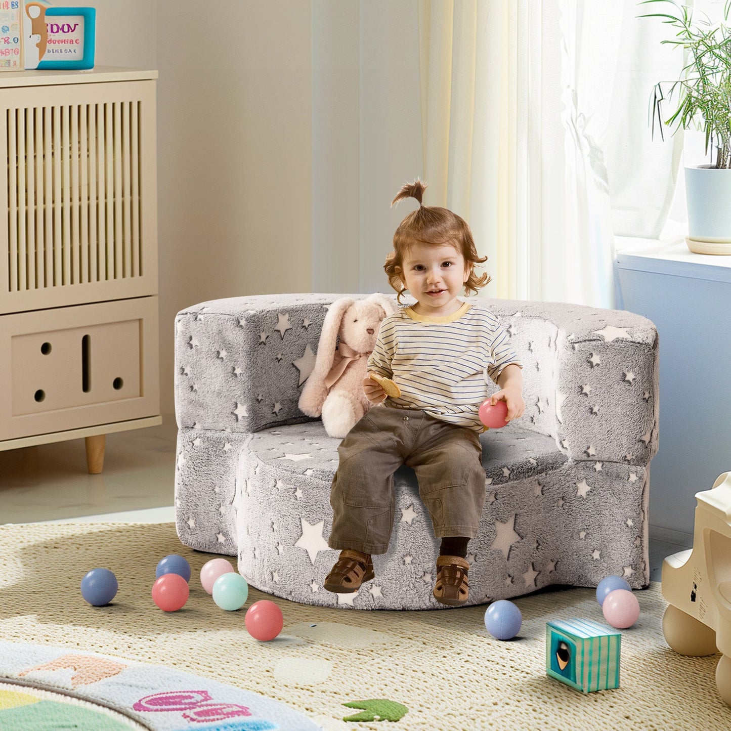 2-in-1 Toddler Chair Glow in the Dark Kids Couch with Cover Convertible Sofa-Gray