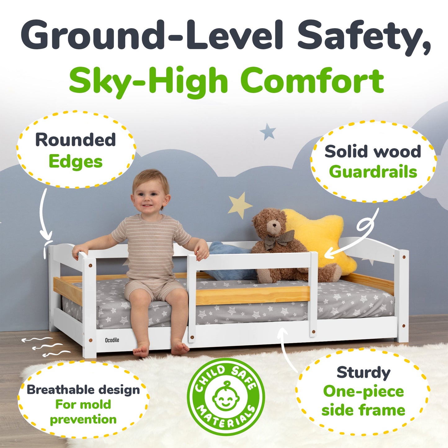Crib Size Wooden Floor Bed with Safety Rails for Toddlers Age 1–3