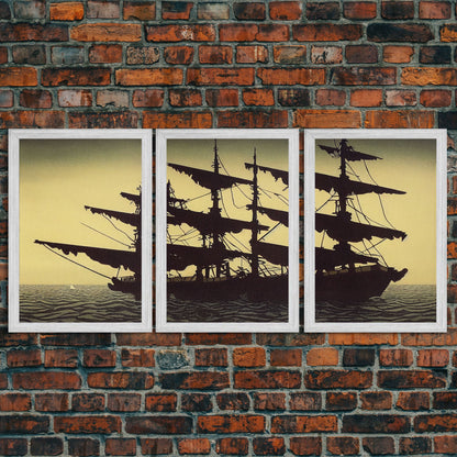 Haunted ghost pirate ship aloft in the sea, 3 piece canvas, 3 piece wall art, living room above sofa art