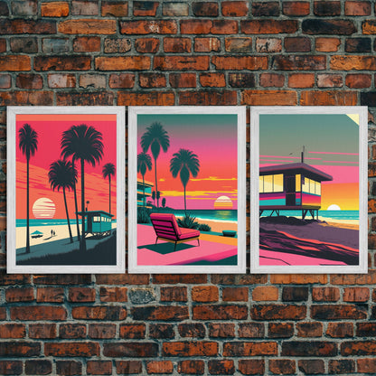 MCM Style Retro Wall Decor, Framed Canvas Prints, Triptych 3 Panel Wall Art, Retrowave Beach Art, Minimalist Boho Vaporwave Architecture Art