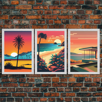 Desert Art, California Themed Wall Art, Framed Canvas Prints, 3 Piece Wall Art, 3 Panel Triptych Art, Retro Style, Orange Hues Art