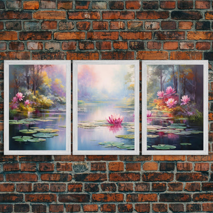 Lake Wall Art, Water Lily Print, Zen Wall Art, Canvas Print, Set Of 3 Prints, Wall Art, 3 Piece Wall Art, Farmhouse Wall Decor, Nature Print