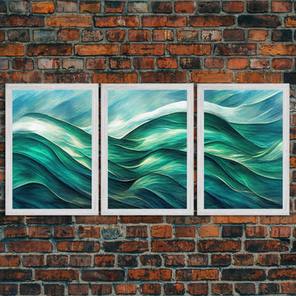 Emerald Green Wall Decor, Sea Green Ocean Waves Abstract, 3 Piece Canvas Decor, 3 Piece Wall Art, Ready To Hang Canvas Prints