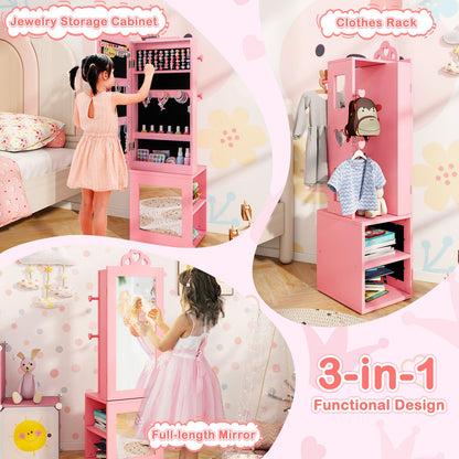 3-in-1 Freestanding Kids Jewelry Cabinet Armoire with Full Length Mirror-Pink