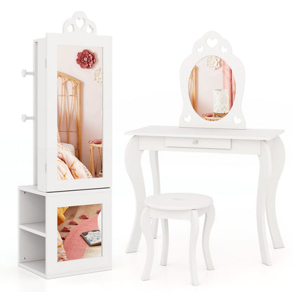 3-in-1 Freestanding Kids Jewelry Cabinet Armoire with Full Length Mirror-White