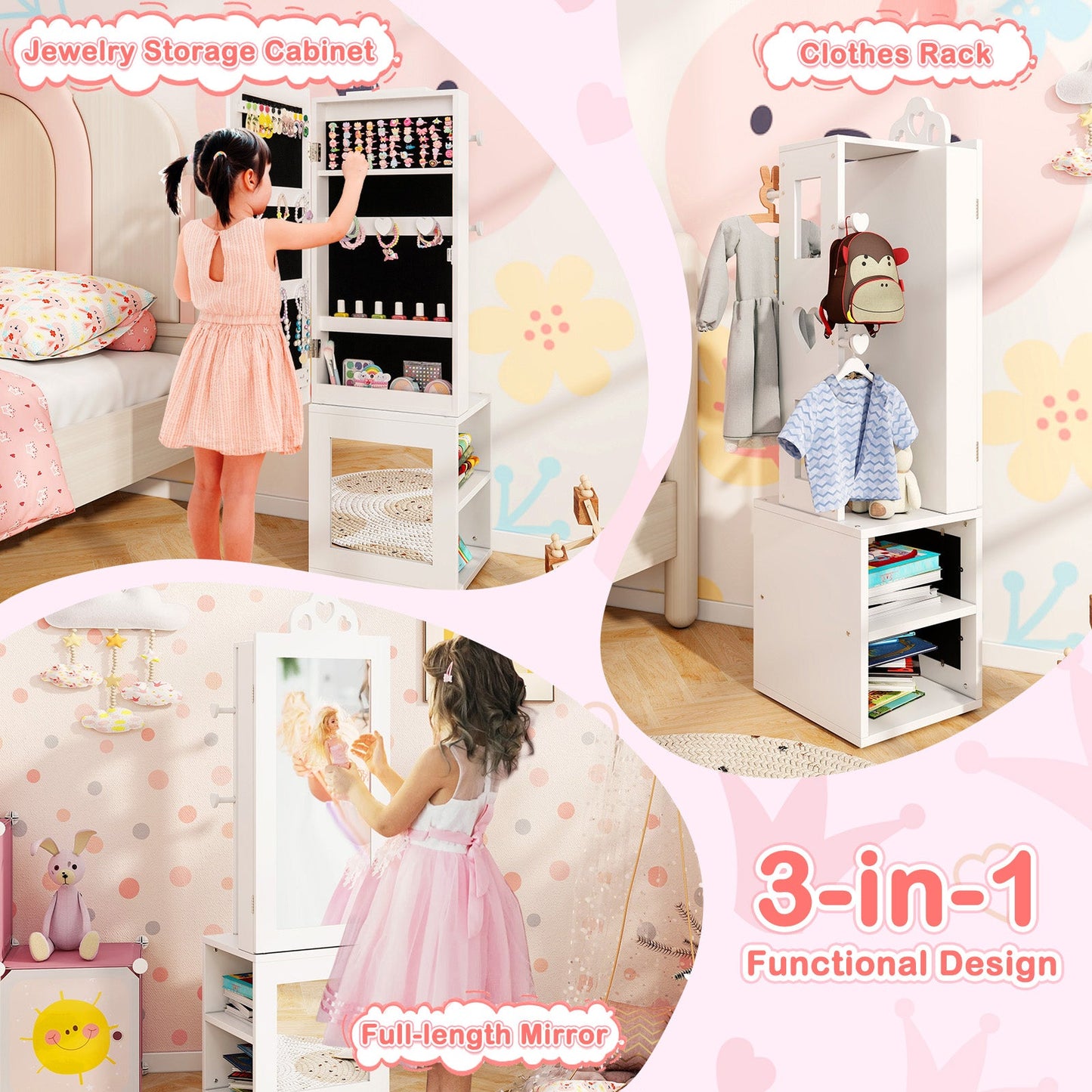 3-in-1 Freestanding Kids Jewelry Cabinet Armoire with Full Length Mirror-White