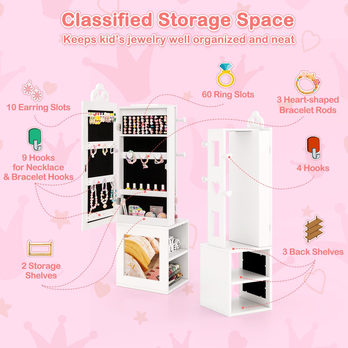3-in-1 Freestanding Kids Jewelry Cabinet Armoire with Full Length Mirror-White