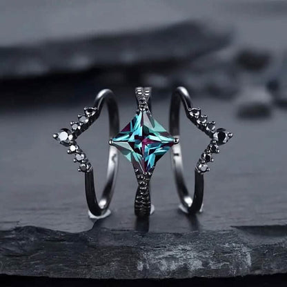 3-Piece Set: Black Square Faux Blue Zirconia Retro Luxury Ring