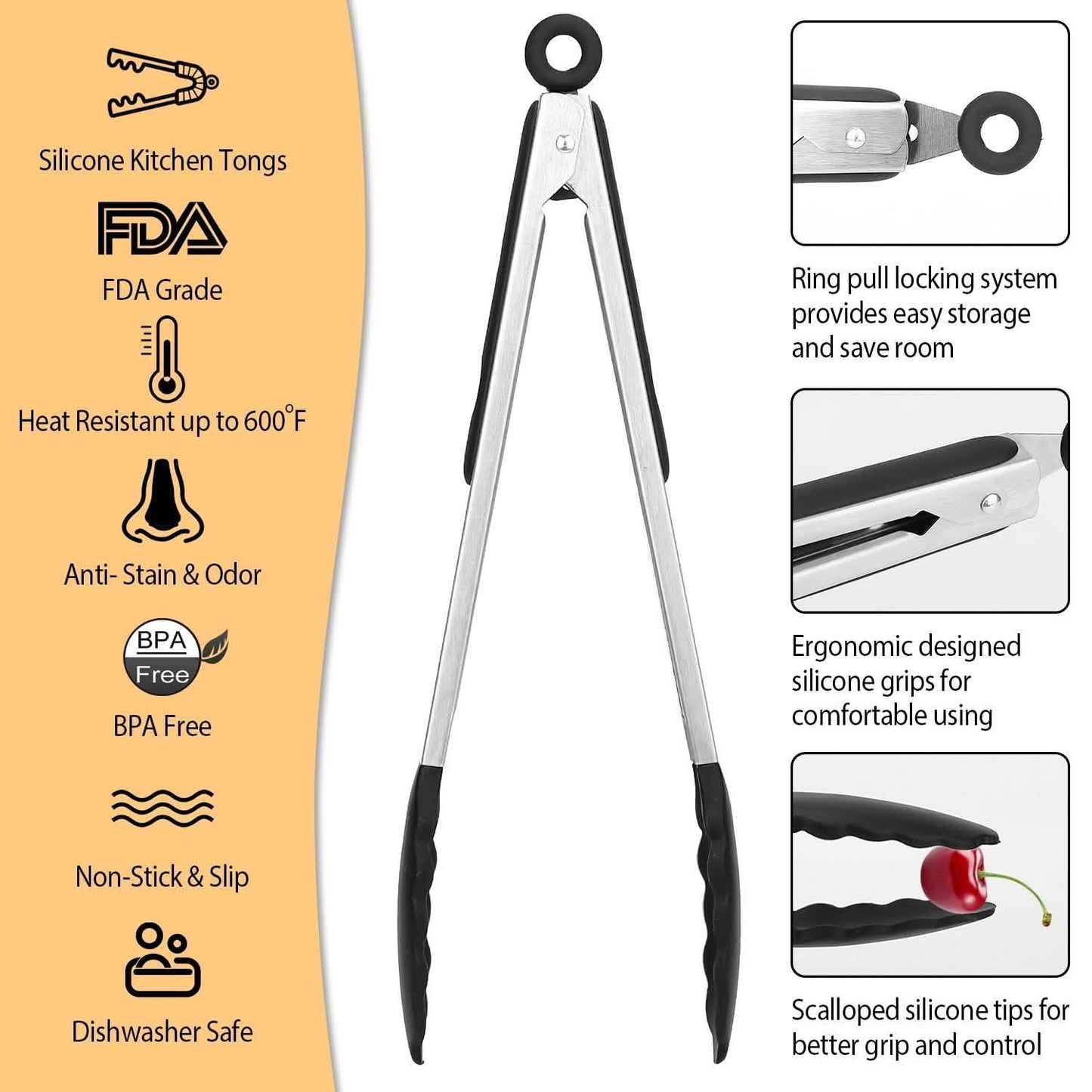 3-Pieces: Kitchen Tongs Stainless Steel with Silicon