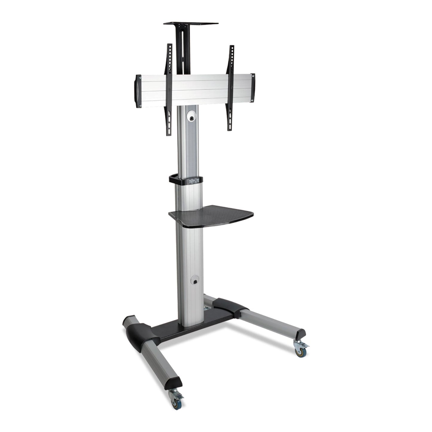 Tripp Lite Flat Panel Floor Stand, Tilt Range: -12° to +5°, Metal, 1 Shelf, 110 lb Capacity, 32.6" x 27.6" x 81.5", Silver/Black