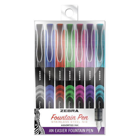 Zebra Fountain Pen, Fine 0.6 mm, Assorted Ink Colors, Assorted, 7/Pack