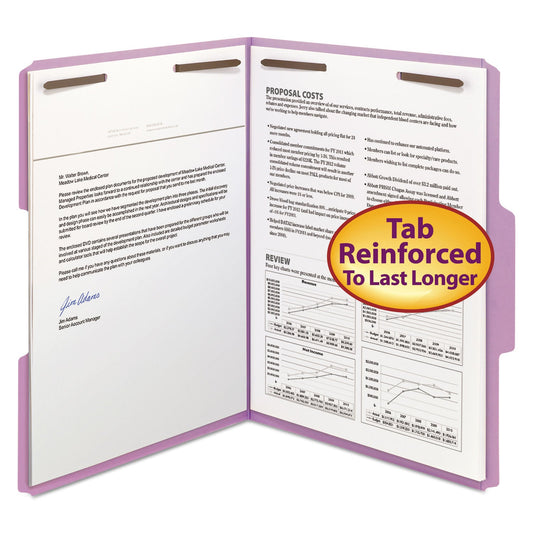 Smead Top Tab Colored Fastener Folders, 2 Fasteners, Letter Size, Lavender Exterior, 50/Box