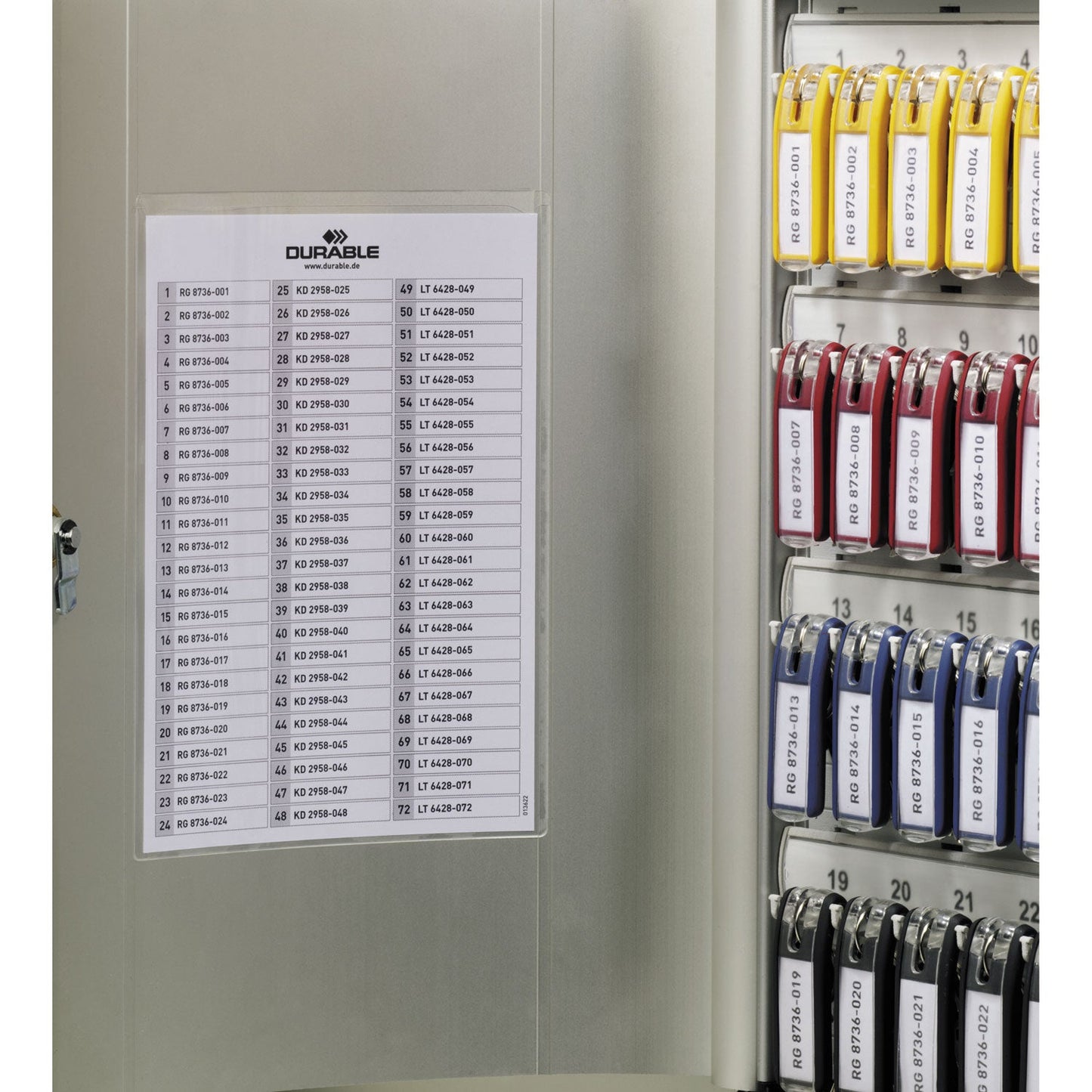 Durable Locking Key Cabinet, 72-Key, Brushed Aluminum, Silver, 11.75 x 4.63 x 15.75