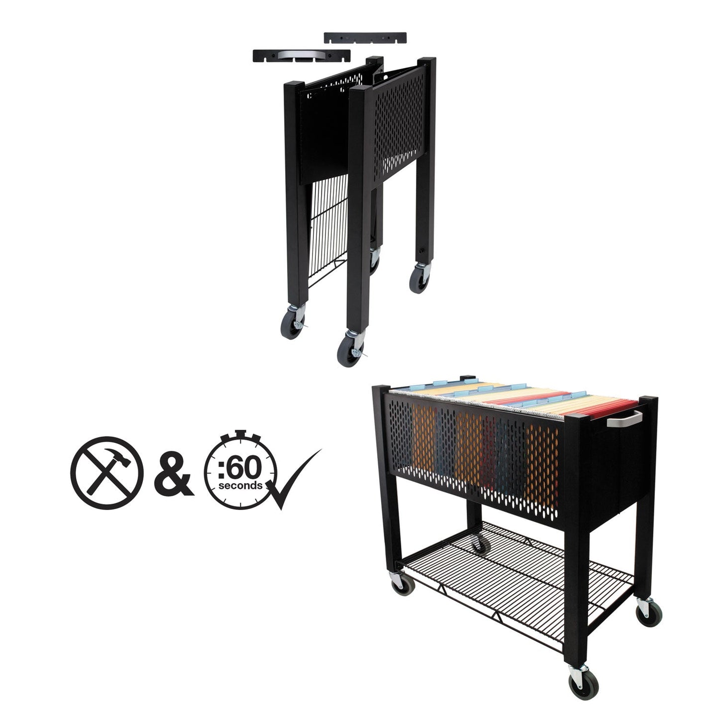 Vertiflex InstaCart File Cart, Metal, 1 Shelf, 1 Bin, 14.25" x 28.5" x 27.75", Black