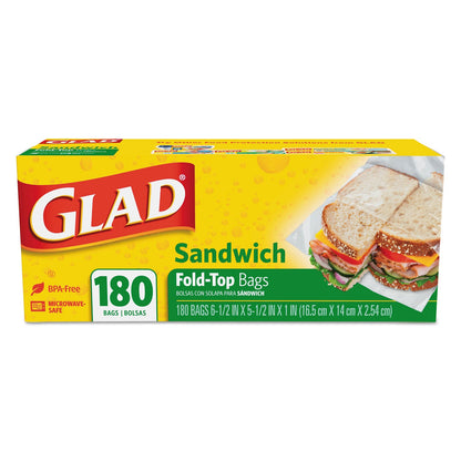 Glad Fold-Top Sandwich Bags, 6.5" x 5.5", Clear, 180/Box, 12 Boxes/Carton