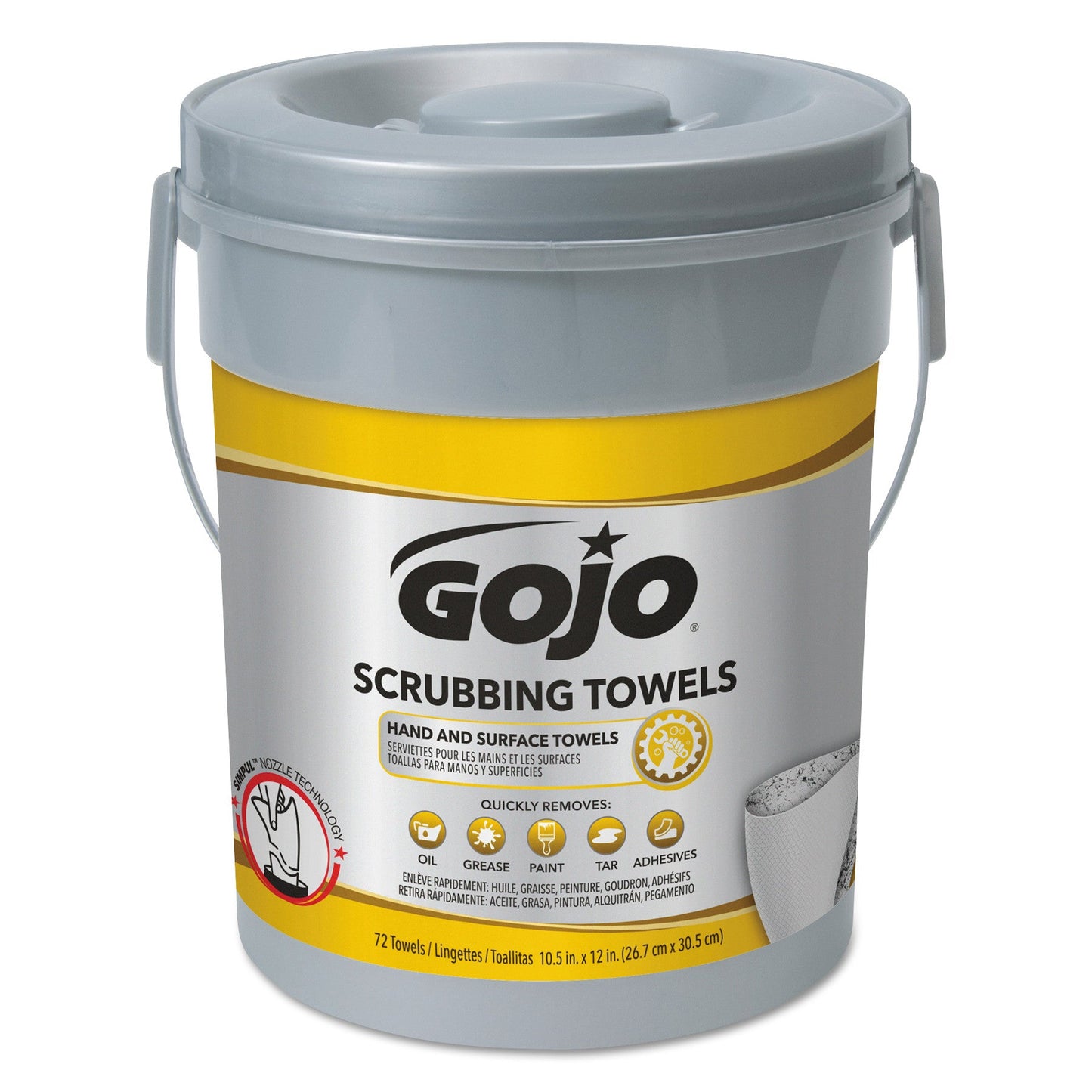GOJO Scrubbing Towels, Hand Cleaning, 2-Ply, 10.5 x 12, Fresh Citrus, Silver/Yellow, 72/Bucket