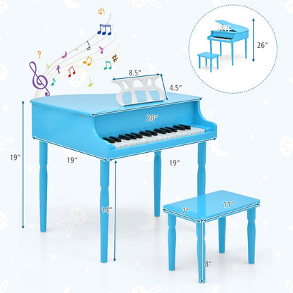 30-Key Wood Toy Kids Grand Piano with Bench and Music Rack-Blue