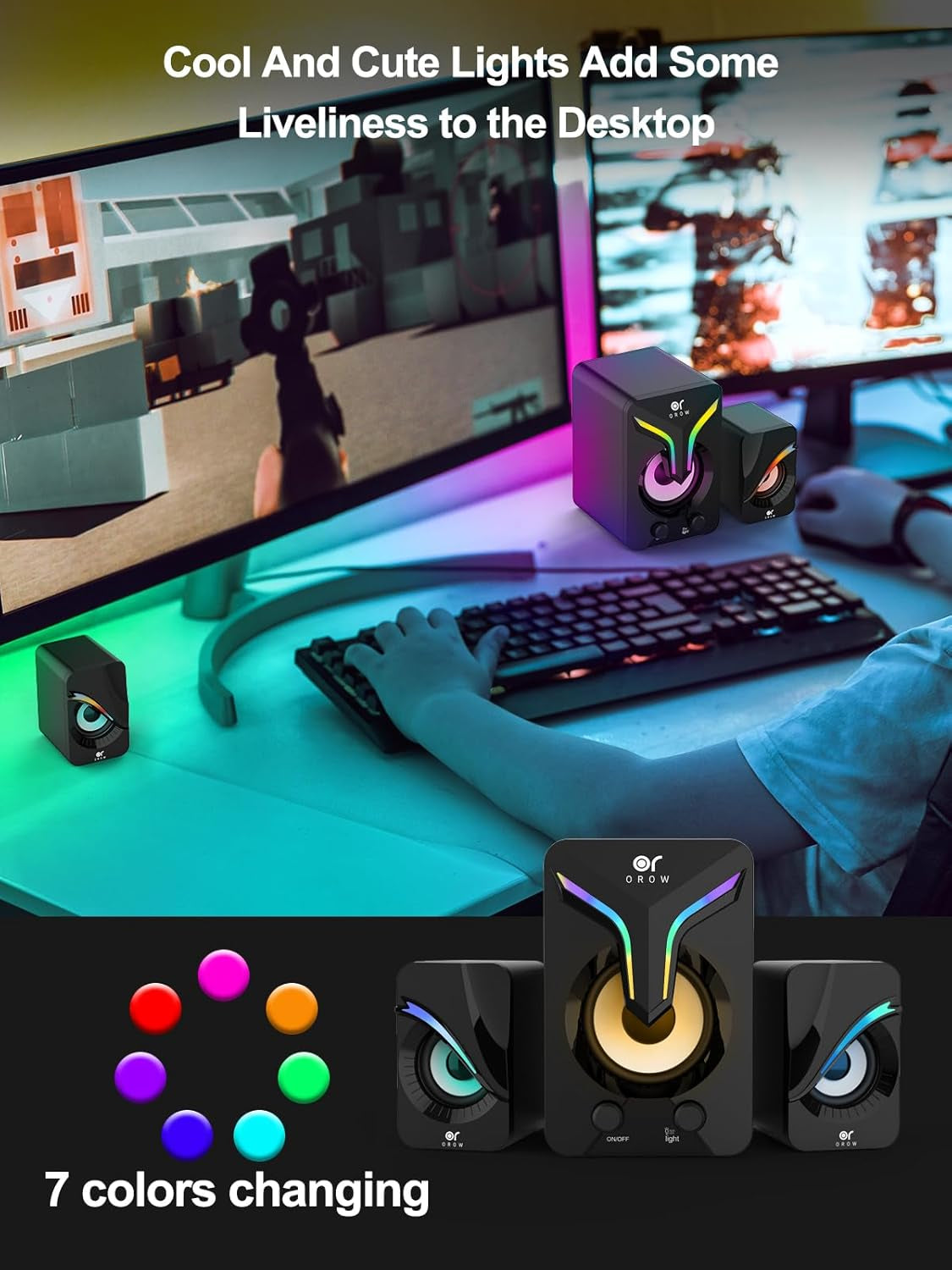 OR O R O W OROW Computer Speakers,Mini PC Speakers with Subwoofer,2.1 Desktop Speaker with RGB Lights,Usb Powered, Stereo Sound,Gaming Speakerwith 3.5Mm Aux Cable for Monitor/Laptop/Tablet(S212)