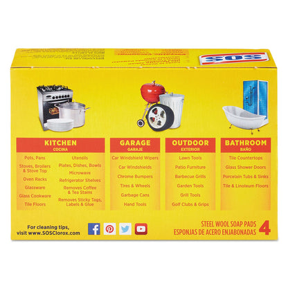 S.O.S. Steel Wool Soap Pad, Steel, 4/Box, 24 Boxes/Carton