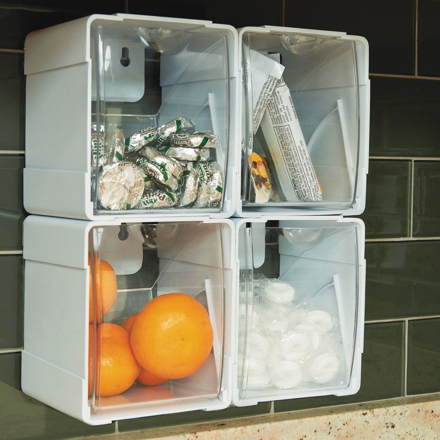 deflecto Tilt Bin Interlocking 4-Bin Organizer, Plastic, 4.63 x 4.88 x 5.5, White/Clear