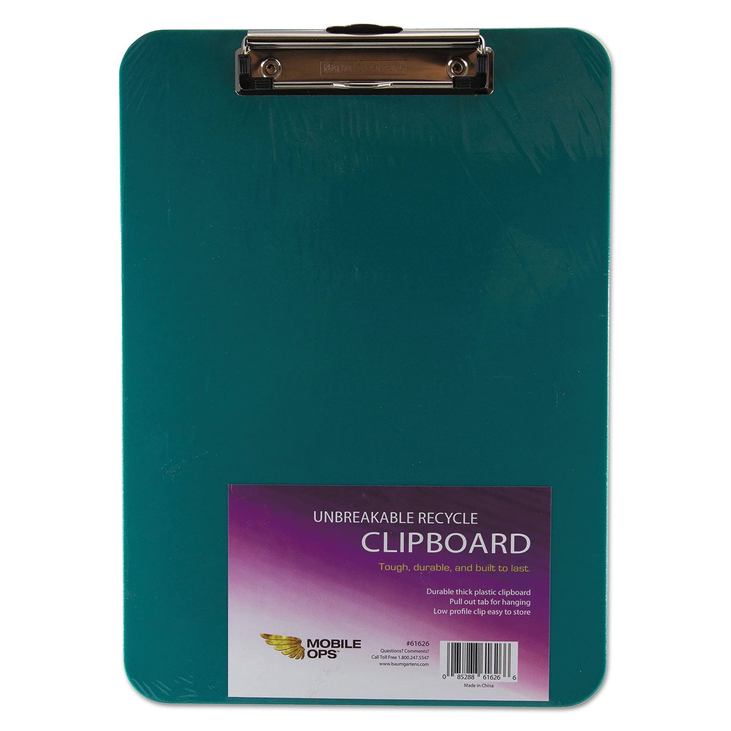 Mobile OPS Unbreakable Recycled Clipboard, 0.25" Clip Capacity, Holds 8.5 x 11 Sheets, Green