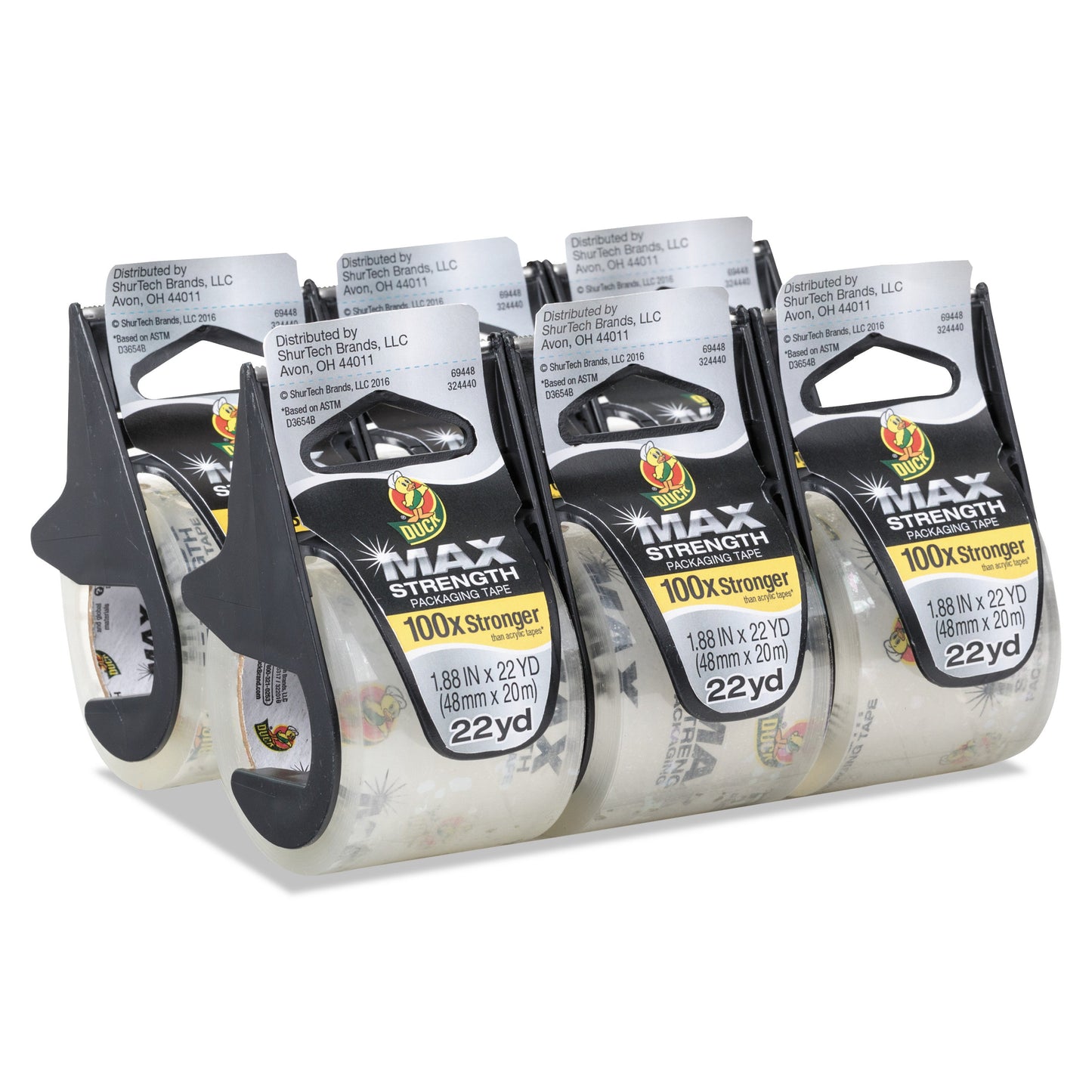 Duck MAX Packaging Tape with Dispenser, 1.5" Core, 1.88" x 22 yds, Crystal Clear, 6/Pack