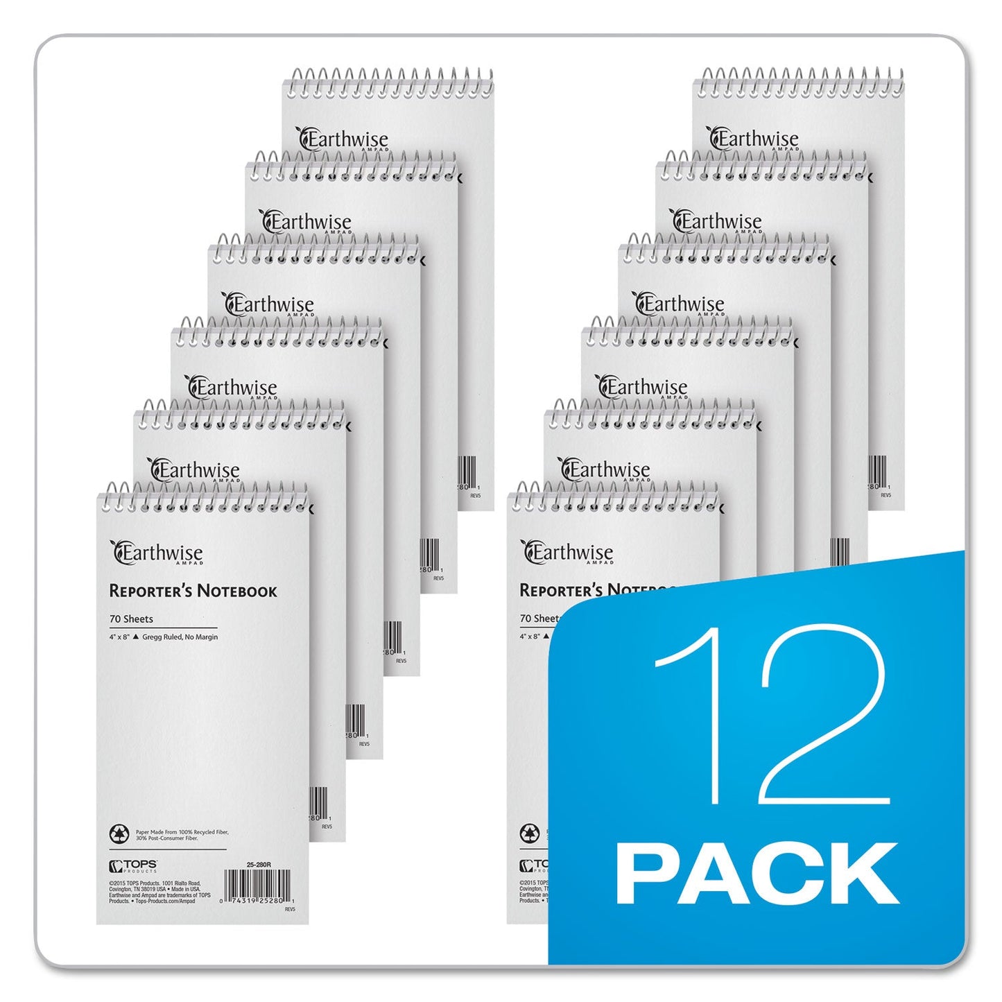Ampad Earthwise by Ampad Recycled Reporter's Notepad, Gregg Rule, White Cover, 70 White 4 x 8 Sheets
