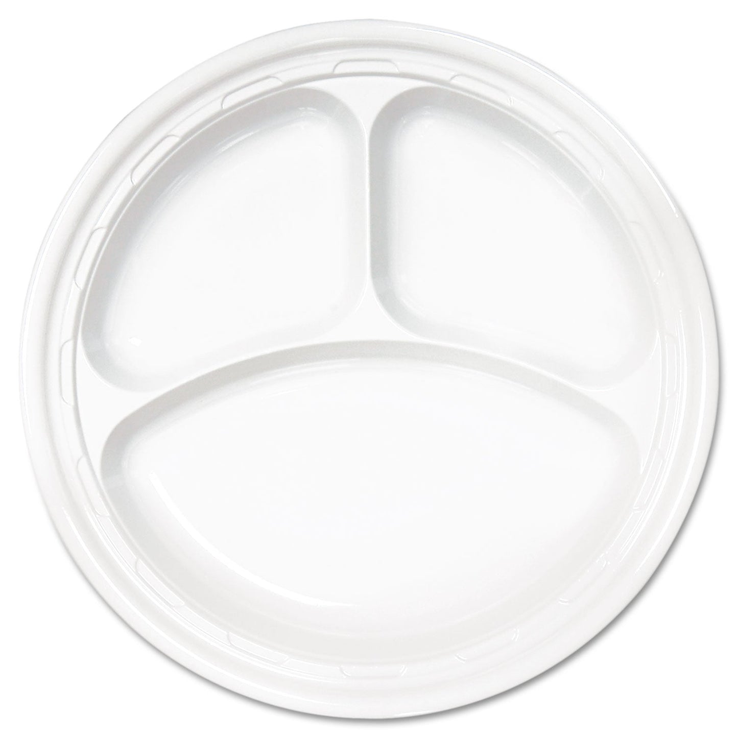 Dart Famous Service Plastic Dinnerware, Plate, 3-Compartment, 10.25" dia, White, 125/Pack, 4 Packs/Carton