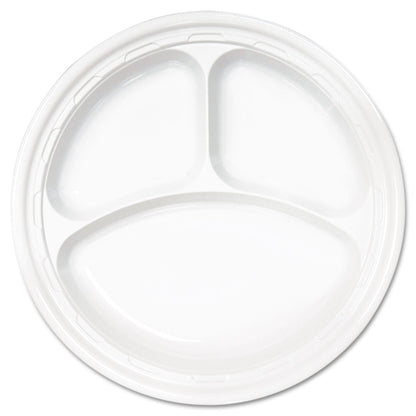 Dart Famous Service Plastic Dinnerware, Plate, 3-Compartment, 10.25" dia, White, 125/Pack, 4 Packs/Carton
