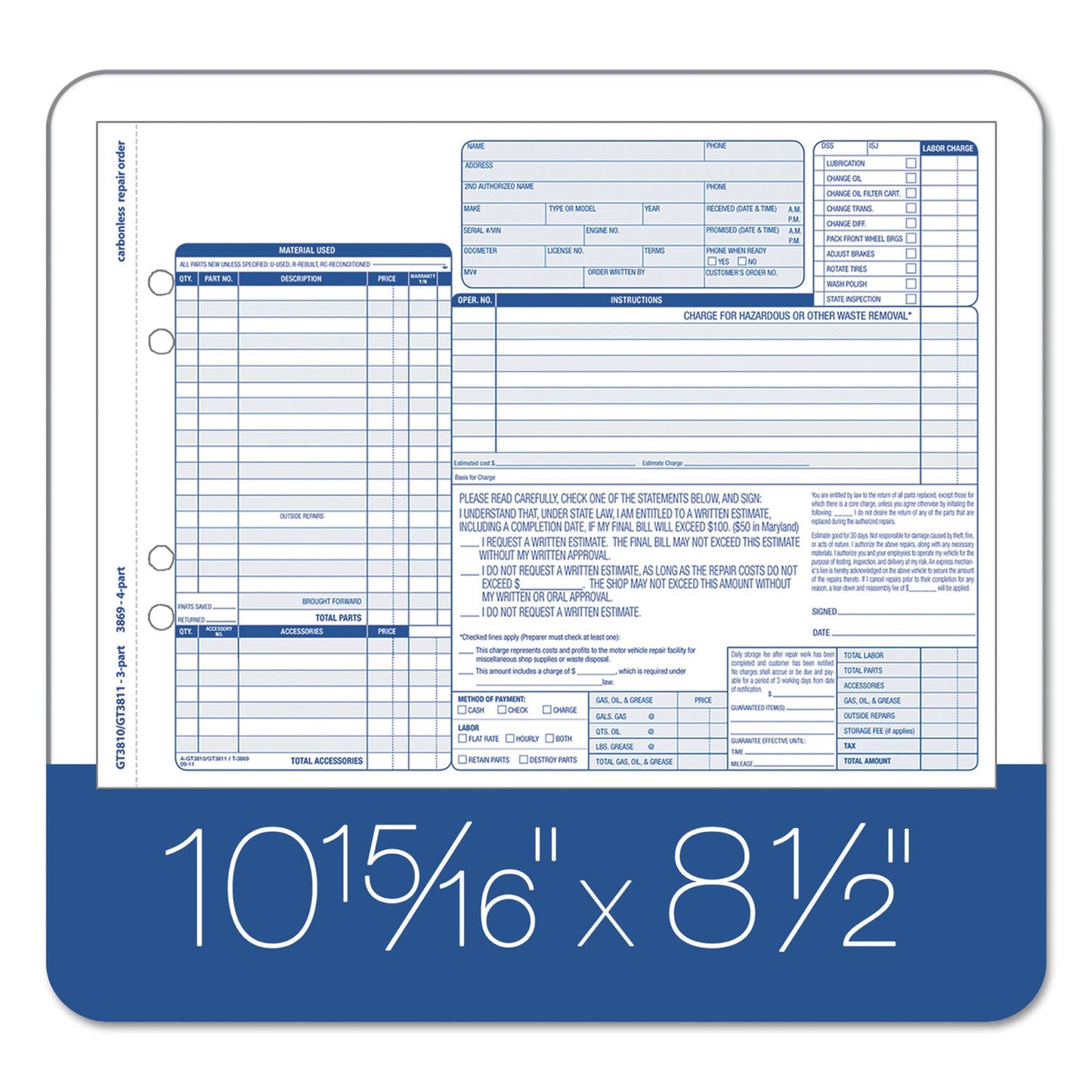 TOPS Auto Repair Four-Part Carbonless, Four-Part Carbonless, 8.5 x 11, 50 Forms