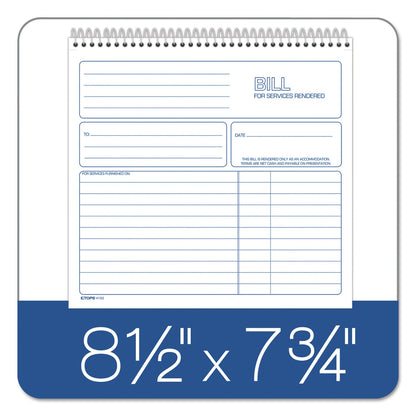 TOPS Spiralbound Service Invoices, Two-Part Carbonless, 8.5 x 7.75, 1/Page, 50 Forms