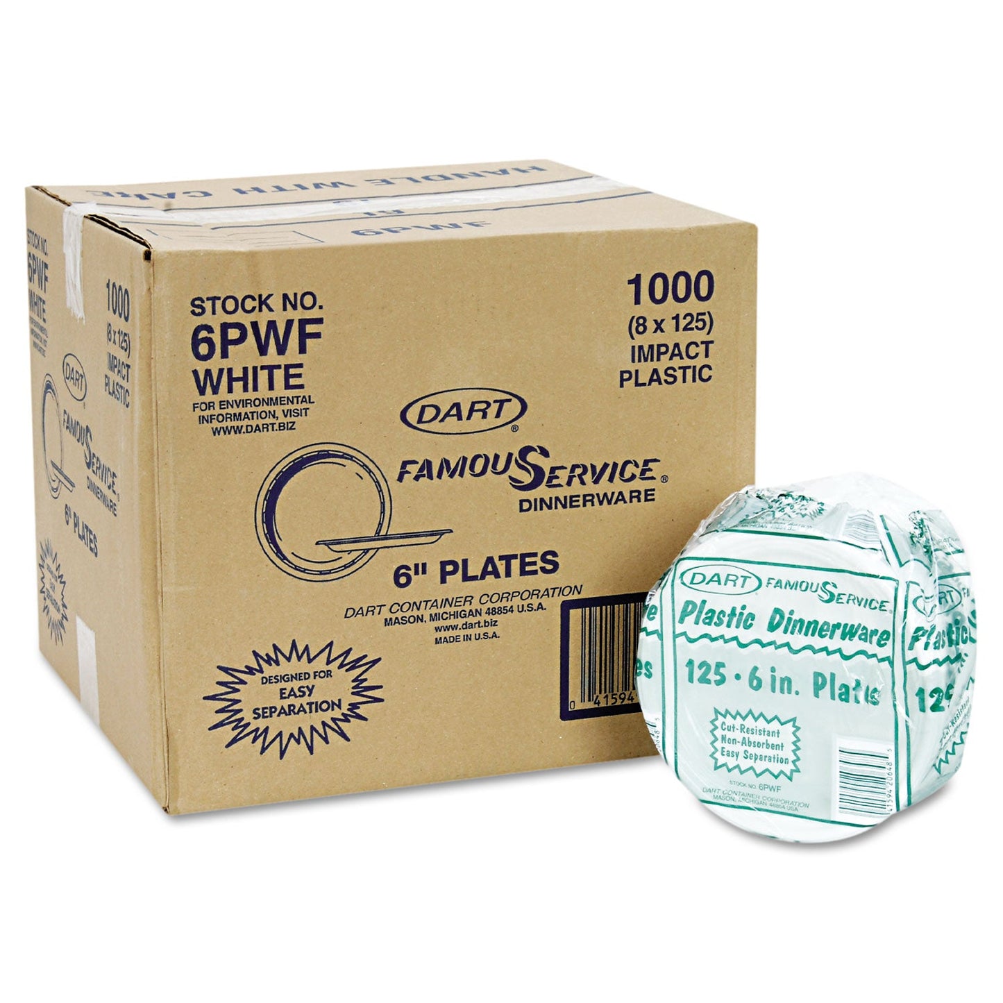 Dart Famous Service Plastic Dinnerware, Plate, 6" dia, White, 125/Pack, 8 Packs/Carton