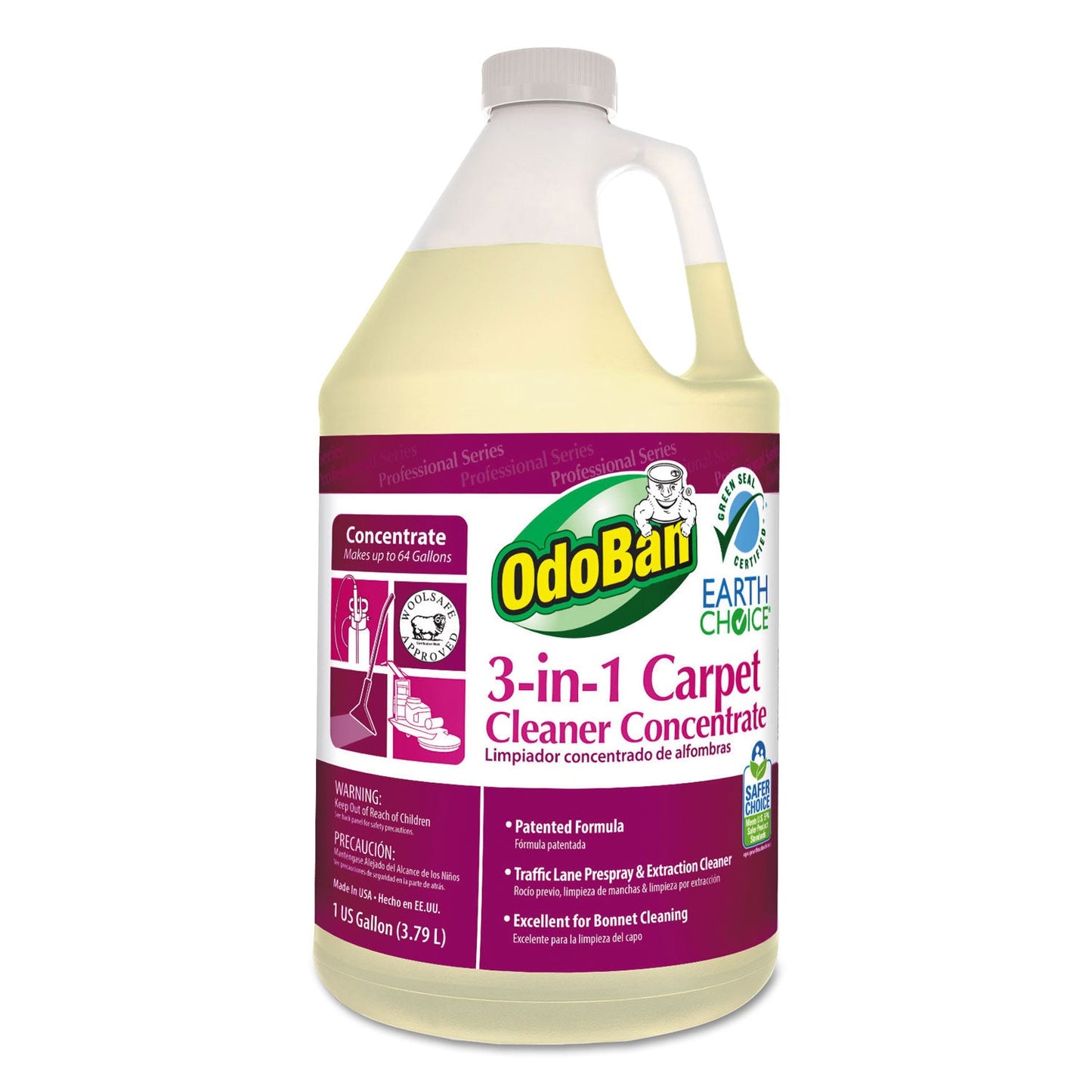 OdoBan Earth Choice 3-N-1 Carpet Cleaner, 128 oz Bottle, Unscented, 4/CT