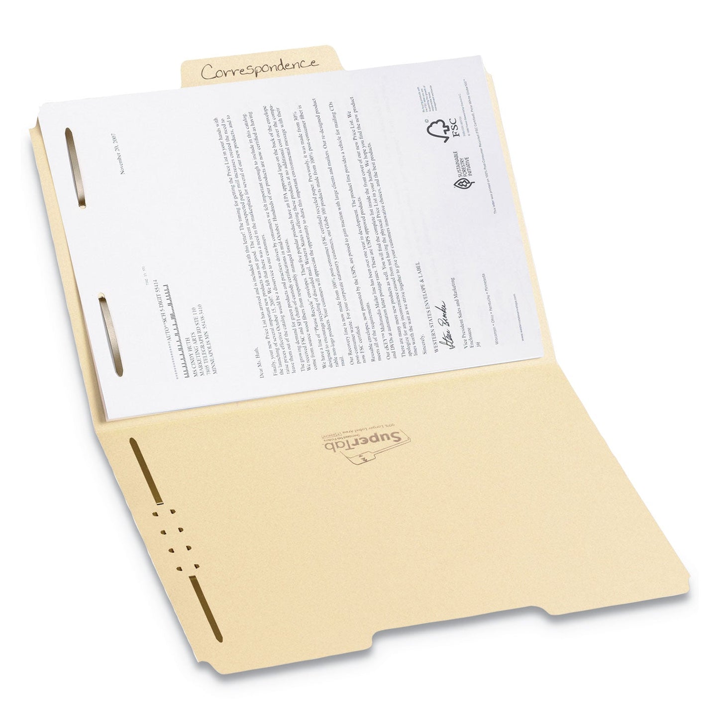 Smead SuperTab Reinforced Guide Height Fastener Folders, 2 Fasteners, Legal Size, 14-pt Manila Exterior, 50/Box