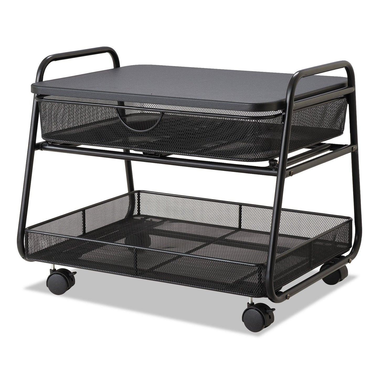 Safco Onyx Under Desk Machine Stand, Metal, 1 Shelf, 1 Drawer, 1 Bin, 100 lb Capacity, 21" x 16" x 17.5", Black
