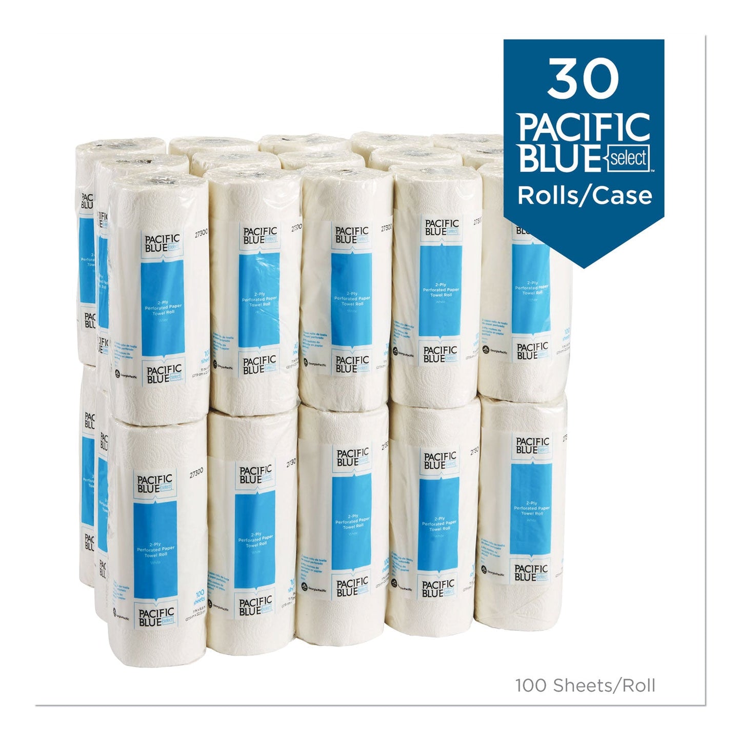 Georgia Pacific Pacific Blue Select Two-Ply Perforated Paper Kitchen Roll Towels, 2-Ply, 11 x 8.8, White, 100/Roll, 30 Rolls/Carton