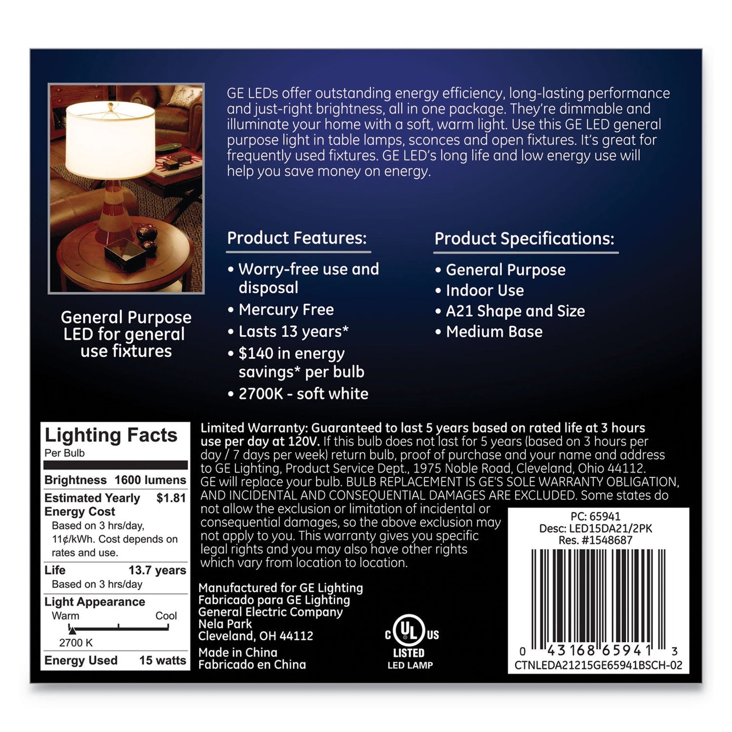 GE LED Soft White A21 Dimmable Light Bulb, 15 W, 2/Pack