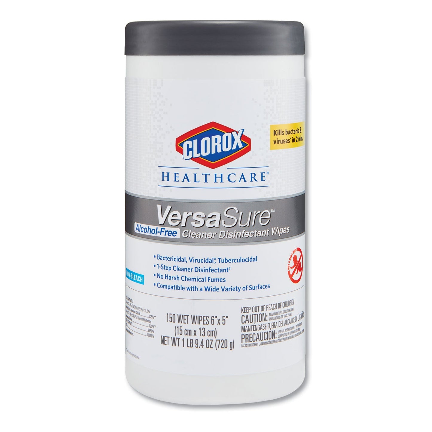 Clorox VersaSure Cleaner Disinfectant Wipes, 1-Ply, 6.75 x 8, White, 150 Towels/Canister