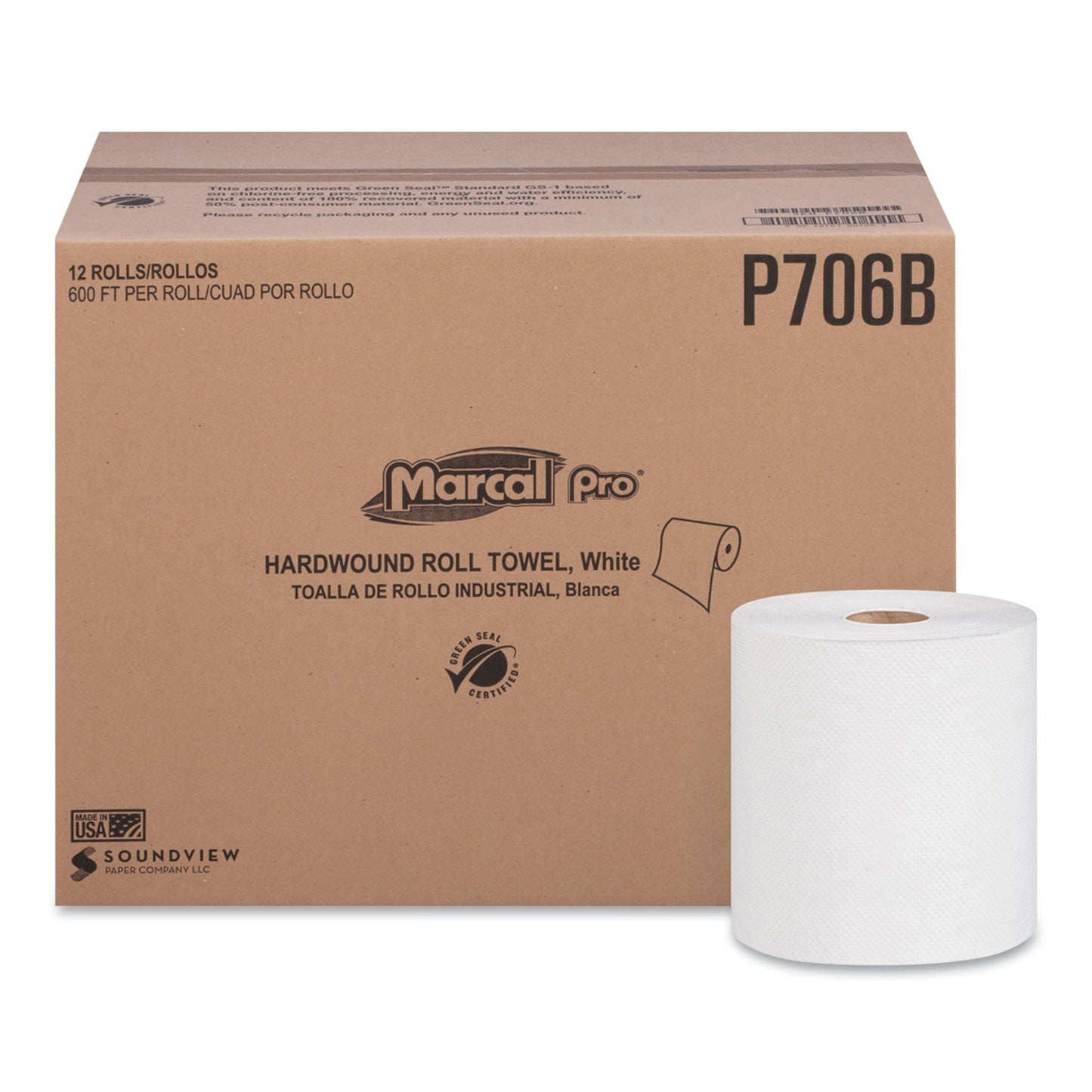 Marcal PRO Hardwound Roll Paper Towels, 1-Ply, 7.88" x 600 ft, White, 12 Rolls/Carton