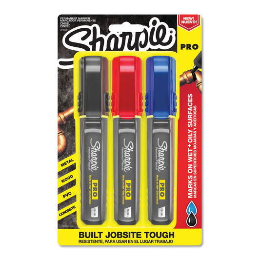Sharpie Pro Permanent Marker, Broad Chisel Tip, Assorted Colors, 3/Pack