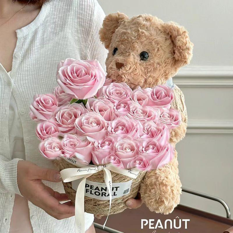 Valentine’S Day Teddy Bear with Eternal Rose Bouquet, Preserved Flower Plush Bear, Romantic Birthday Gift for Her Gift Sets