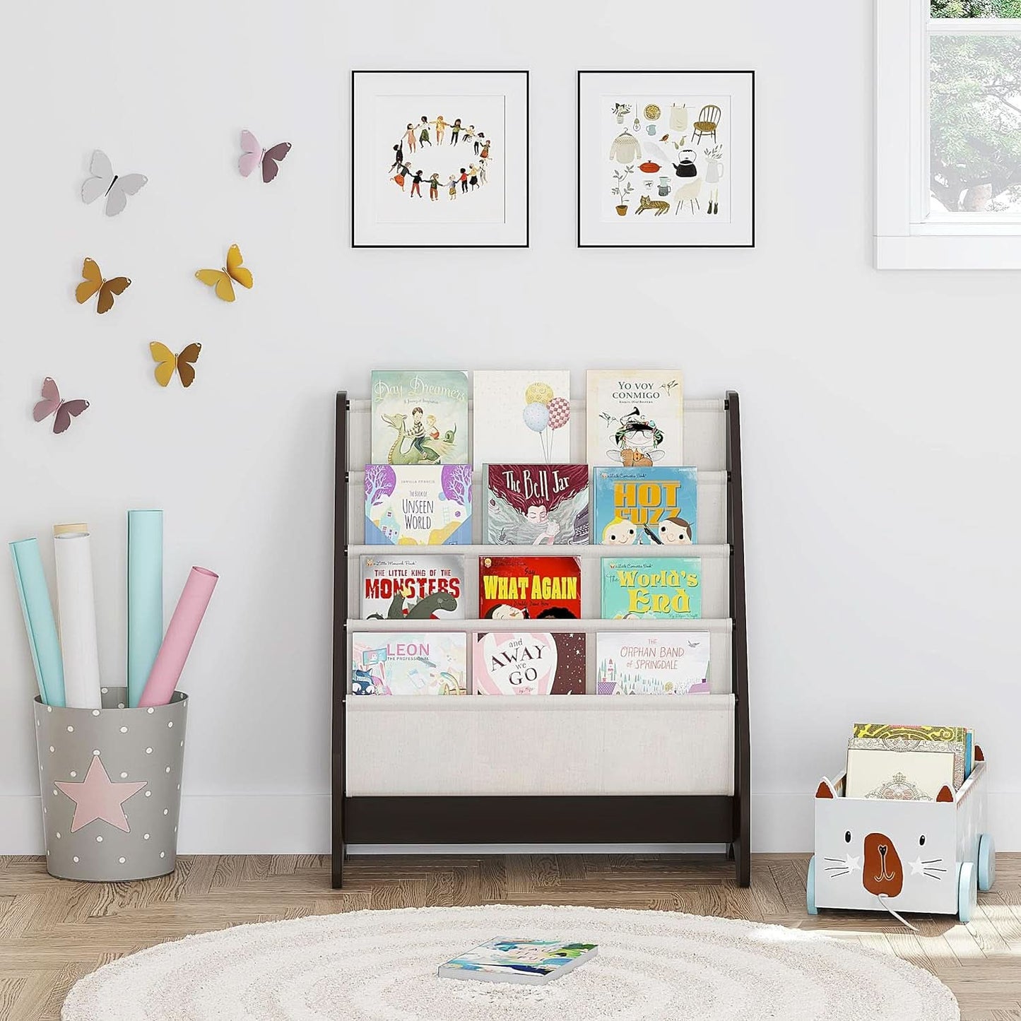 Kids Sling Bookshelf Espresso With Magazine Rack Organizer For Kids Room