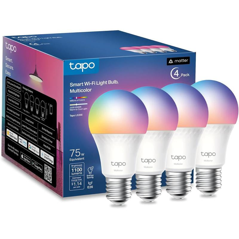 Tp-Link T& Tapo L535E(4-Pack) Smart Light Bulbs, 1100 Lumens High Brightness (75W Equivalent), Matter-Certified, 16M Colors Wifi Light Bulb, Dimmable, Works W/Siri, Alexa & Google Home,A19 E26