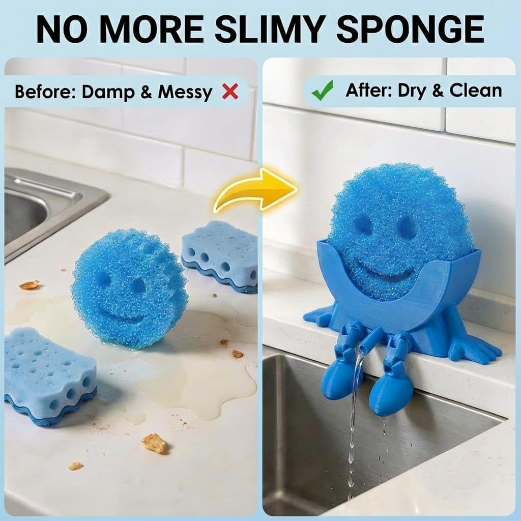 Creative Hanging Sponge Holder with Drainage/Traceless Glue, 3D Printing Countertop Funny Sponge Holders for Kitchen Sink, Keeps Your Sponge Dry & Smiling, for Scrub Daddy Holder (1, Blue)